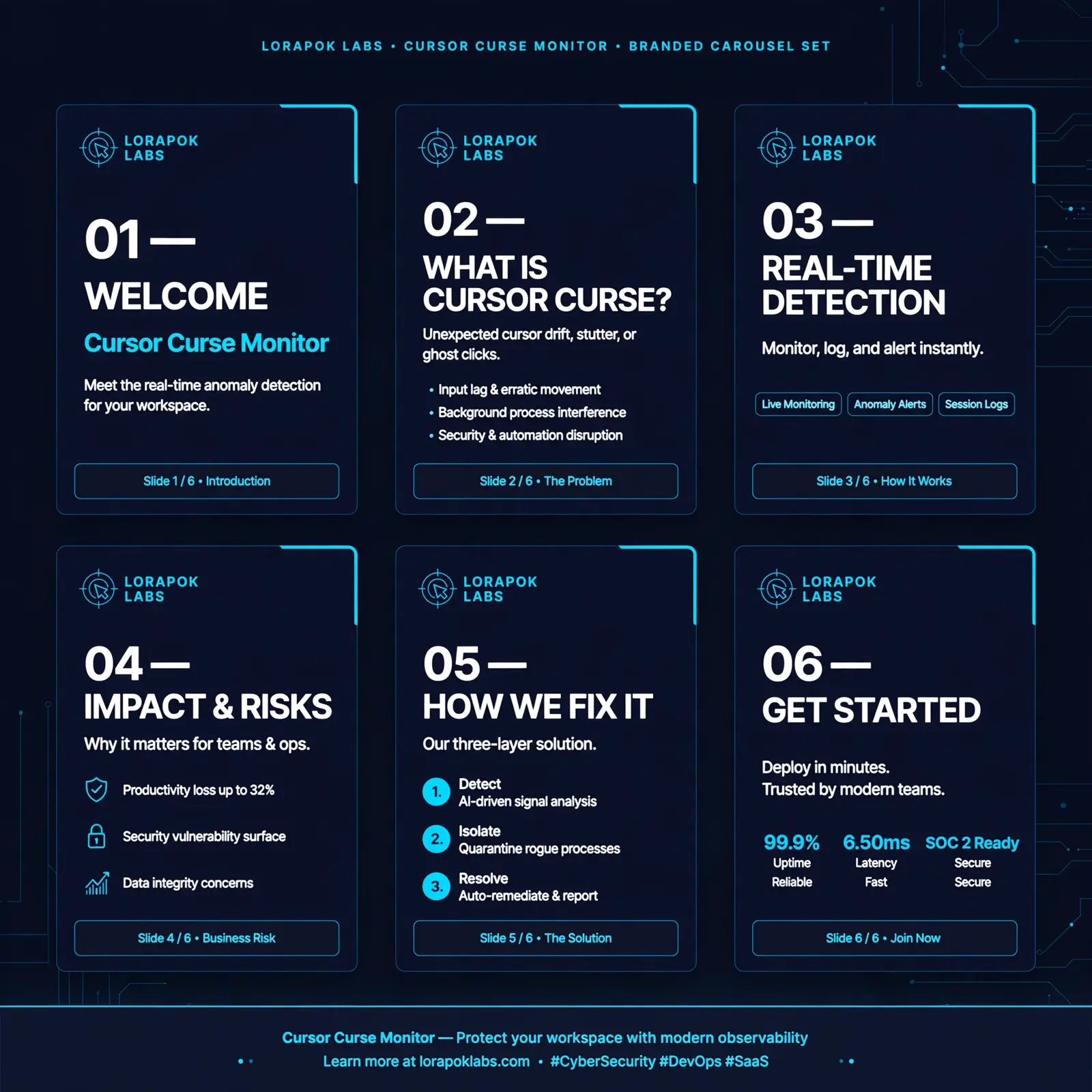 Lorapok Labs branded carousel — product story slides