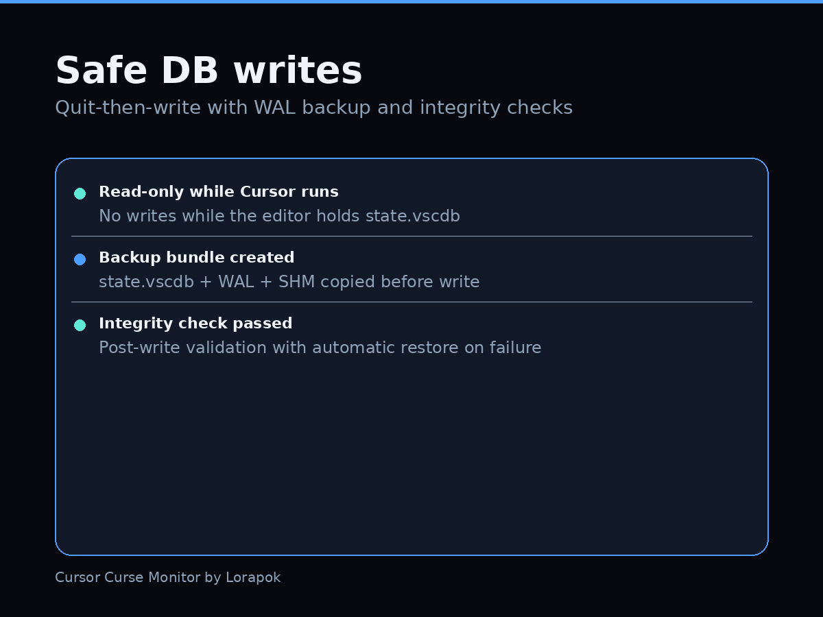 Safe DB writes with WAL backup and integrity checks